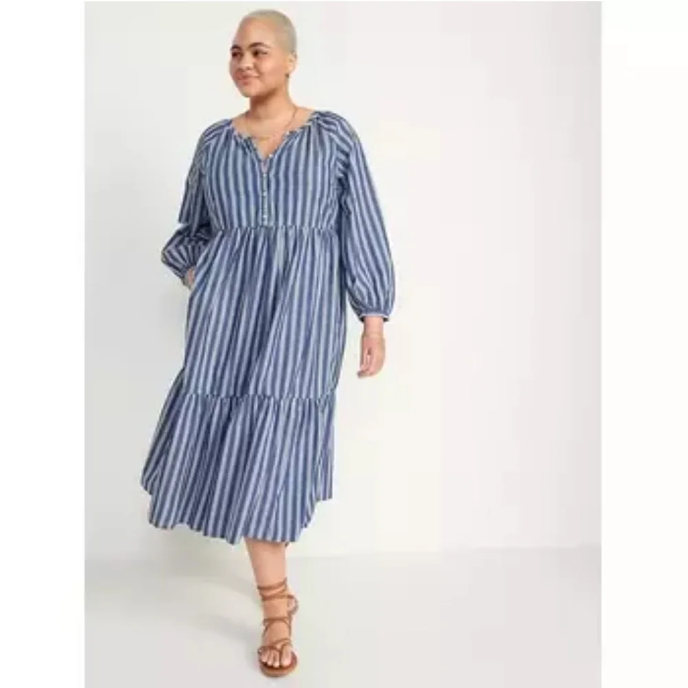 Old Navy Striped Button-Front‎ All-Day Midi Swing Dress Blue Size Large